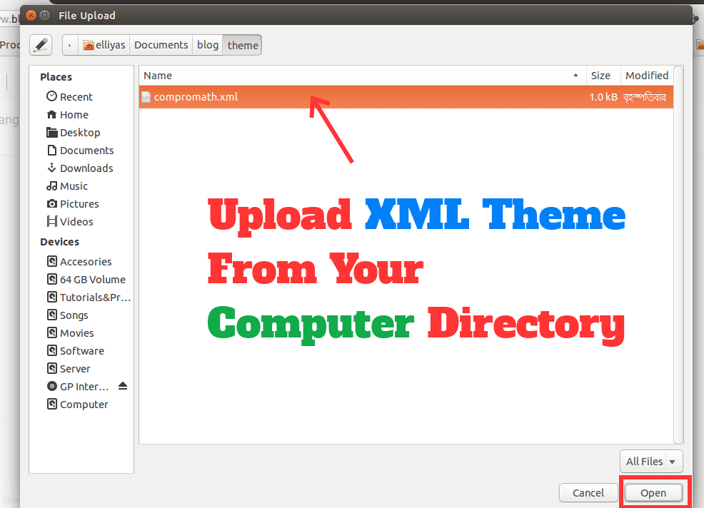 upload xml theme from your computer directory