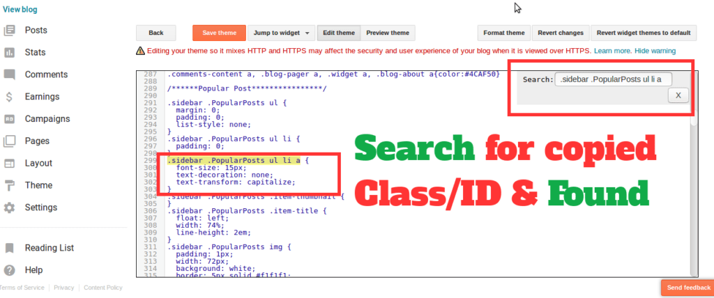 search for copied class and id from blogger html