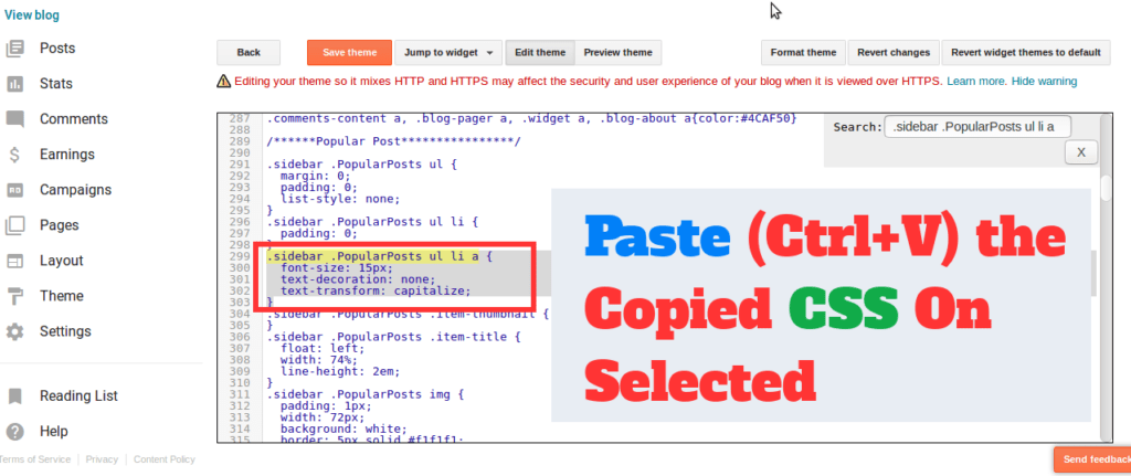 paste the copied css to selected css into blogger