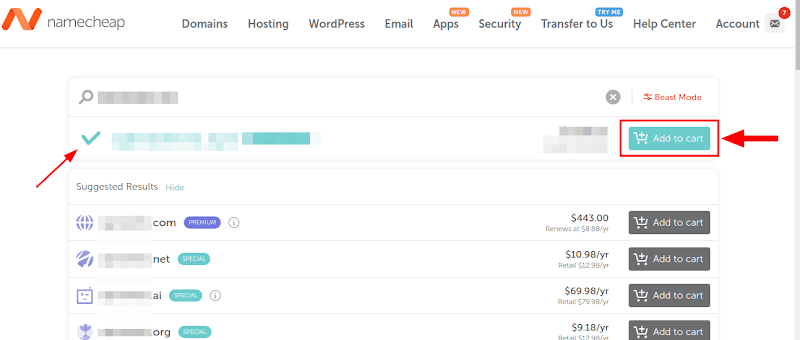 How To Connect Namecheap Domain To Blogger 2 Select Available Domain and Add to Cart
