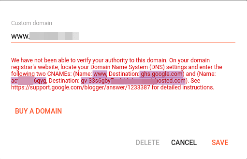 Warnings to setup custom domain to blogger