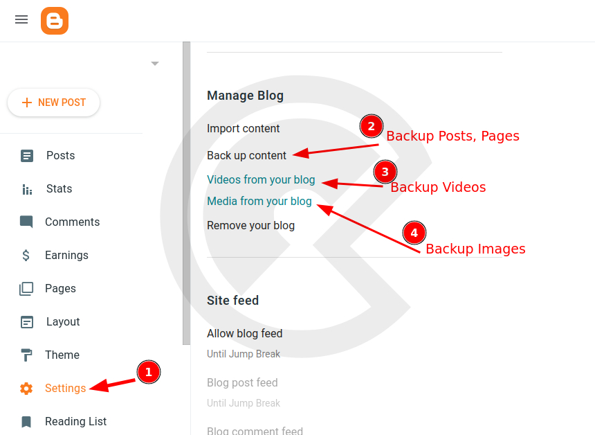 Back up Blogger posts and pages from Settings