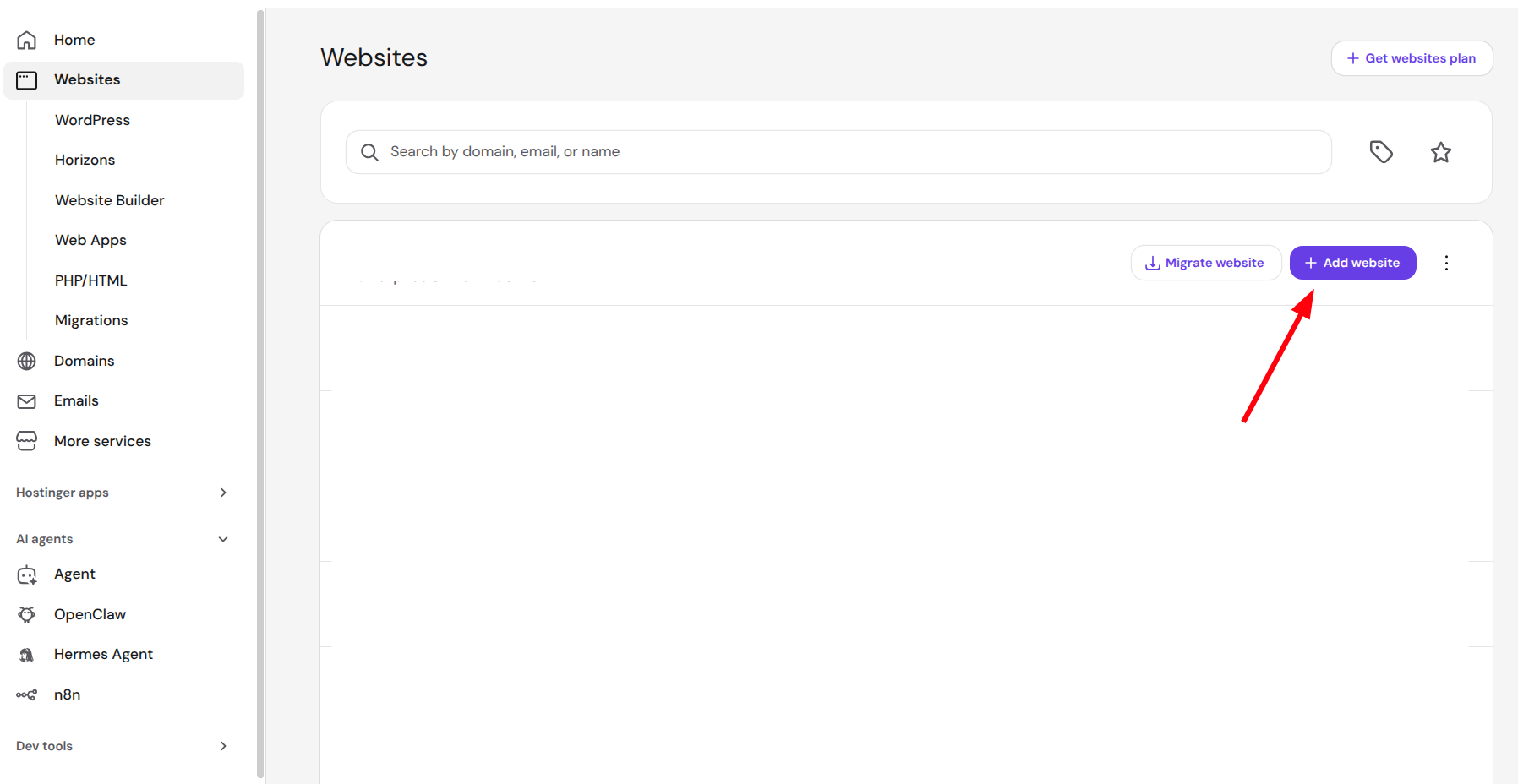 Hostinger hPanel Websites page with Add website button highlighted