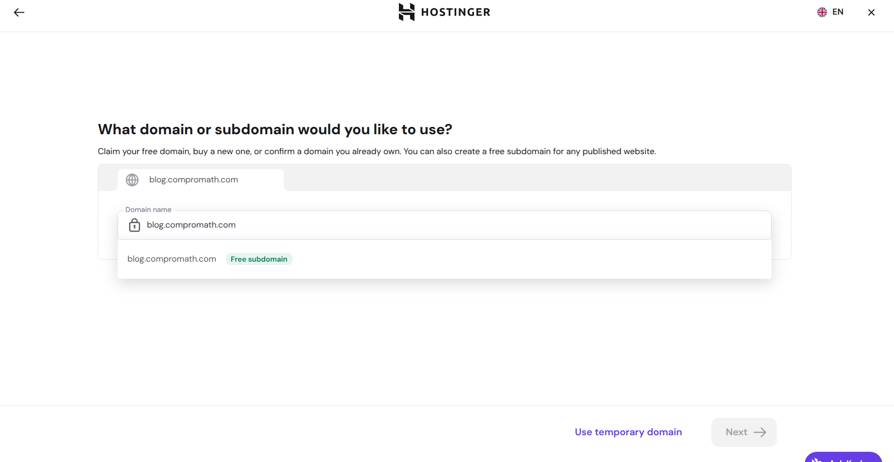 Hostinger setup asking which domain or subdomain to use