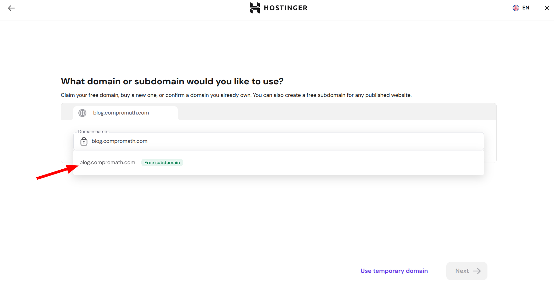 Hostinger free subdomain option selected for a new WordPress site