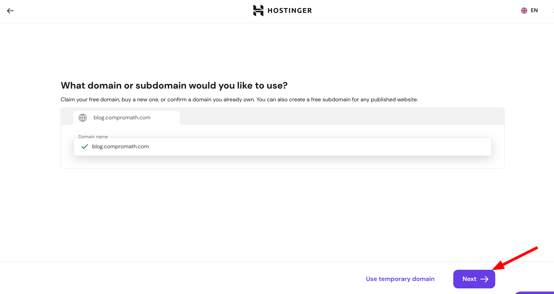 Hostinger domain confirmed with Next button highlighted