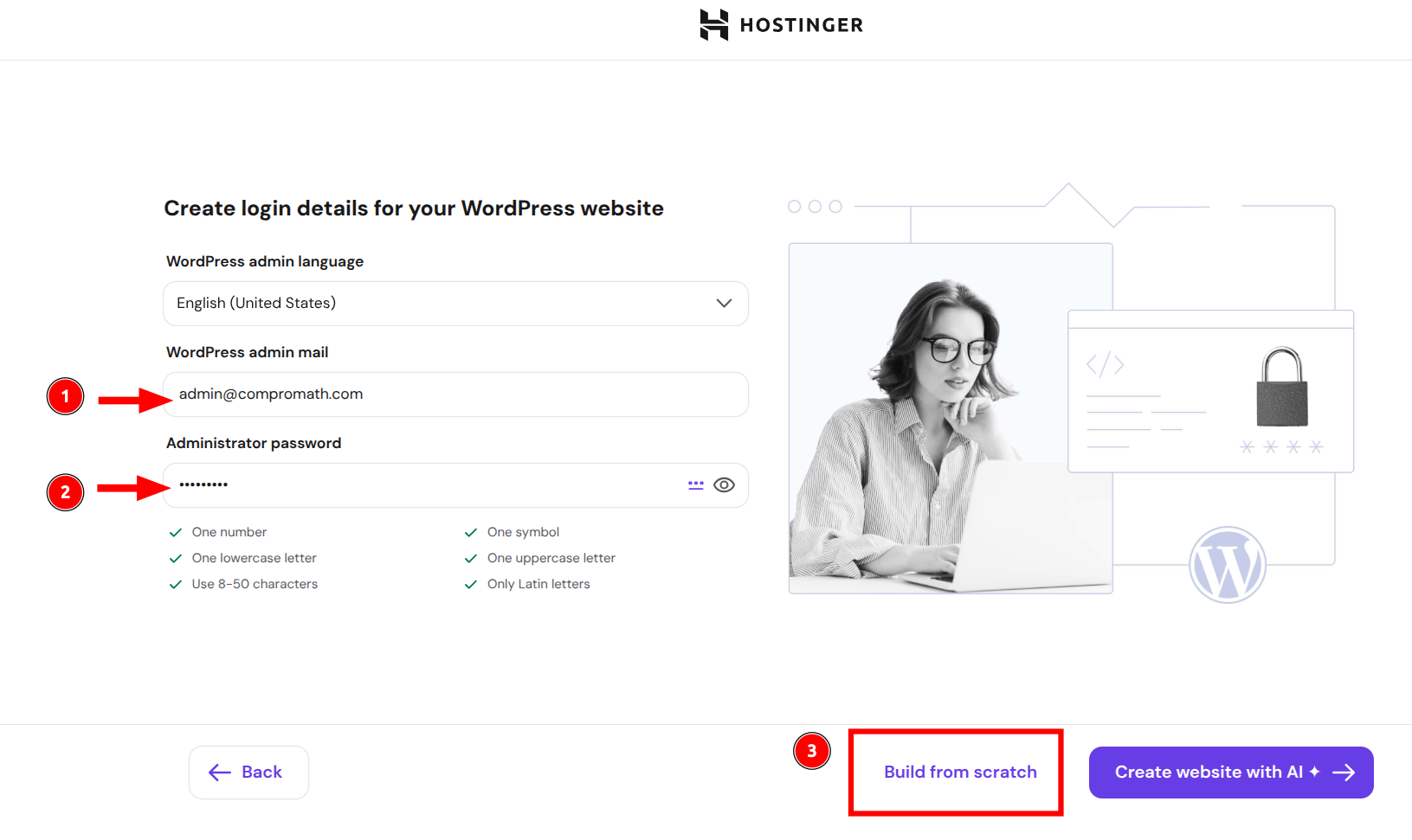 Hostinger WordPress admin email and password screen with Build from scratch option
