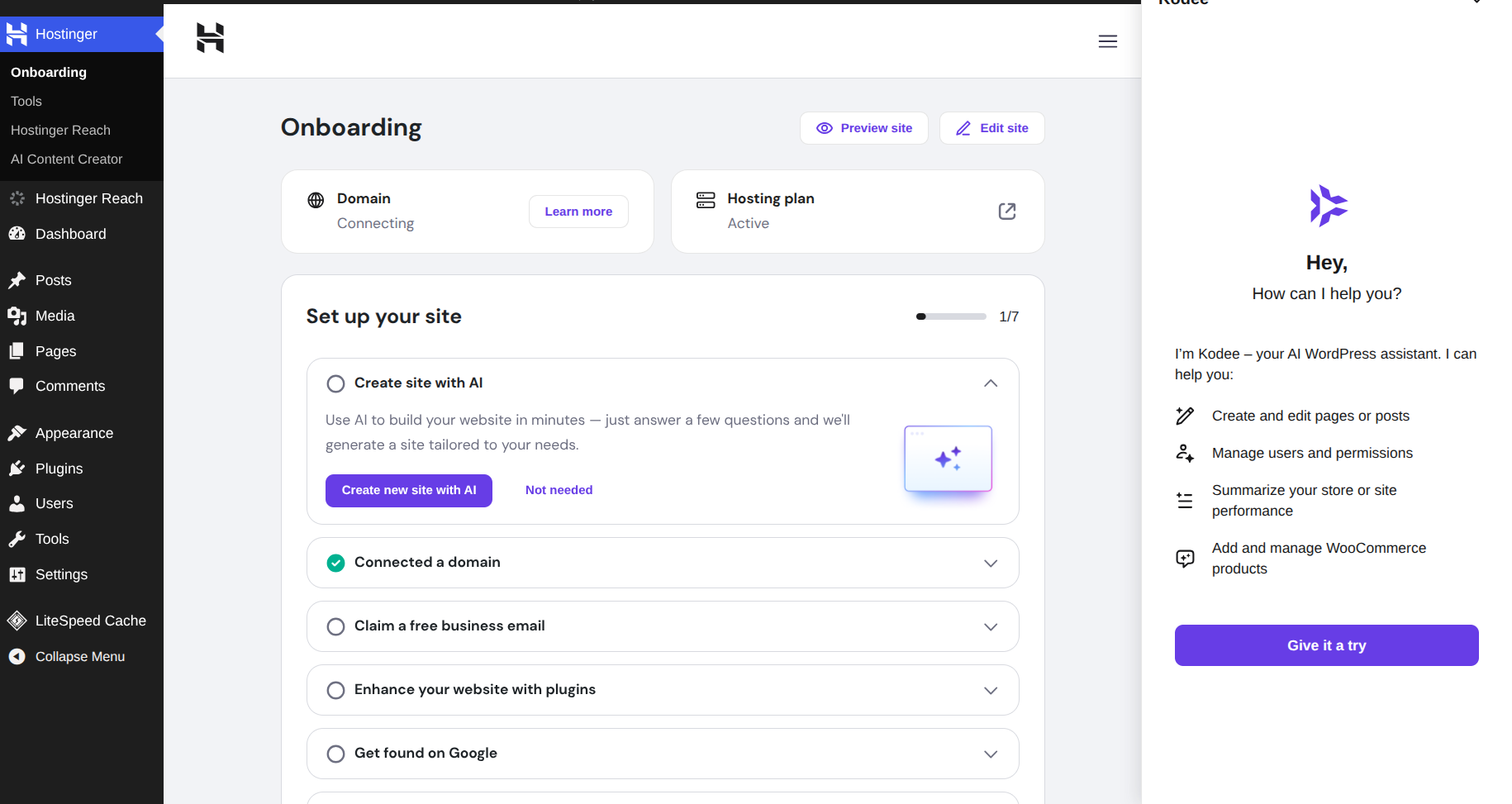 Hostinger WordPress onboarding dashboard after install