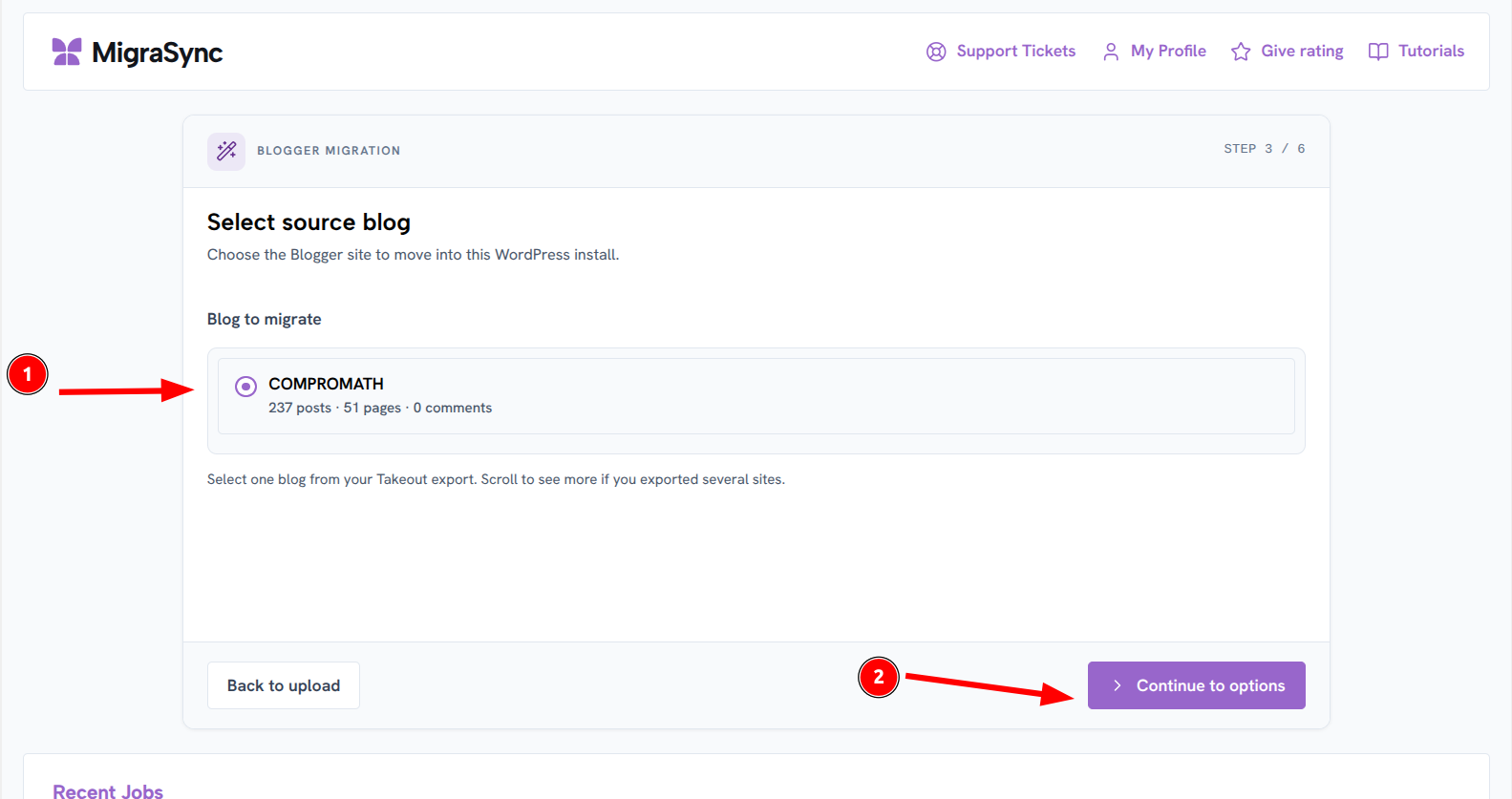 MigraSync select source blog then Continue to options