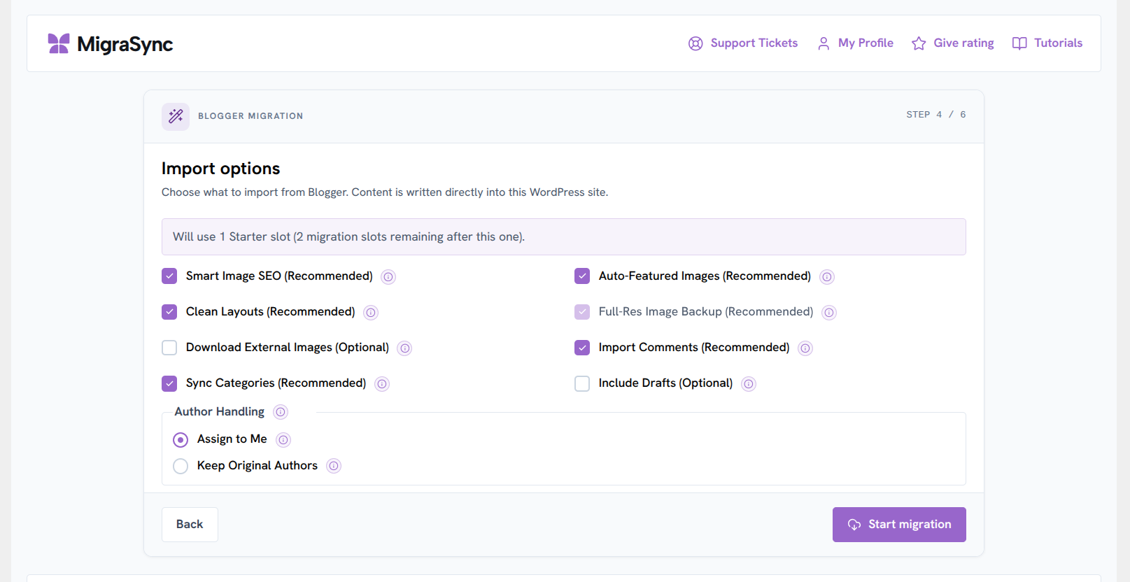 MigraSync import options before Start migration