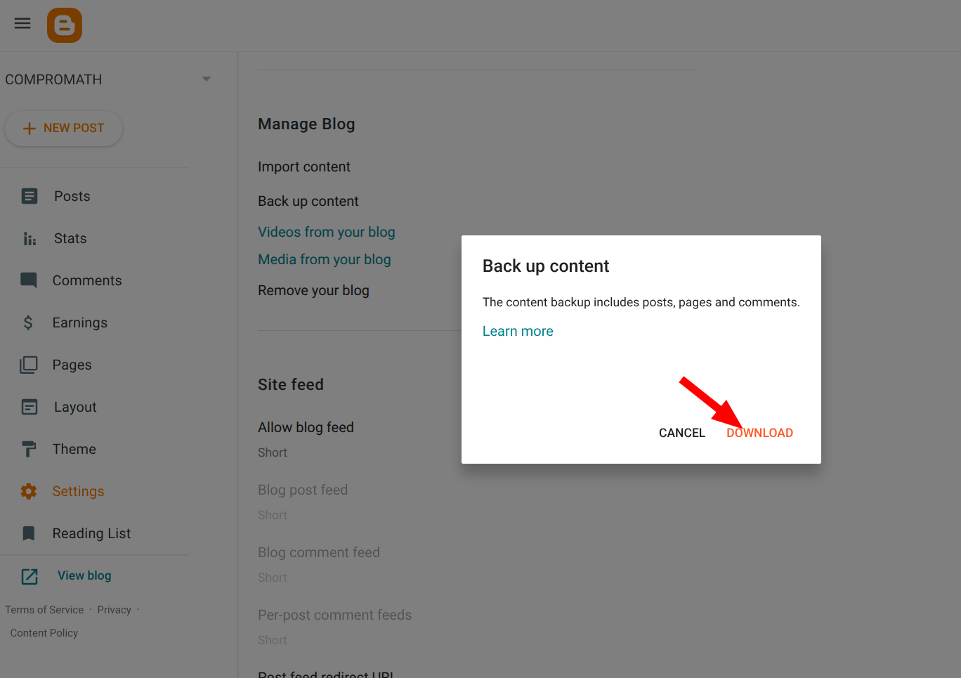 Blogger Back up content Download button