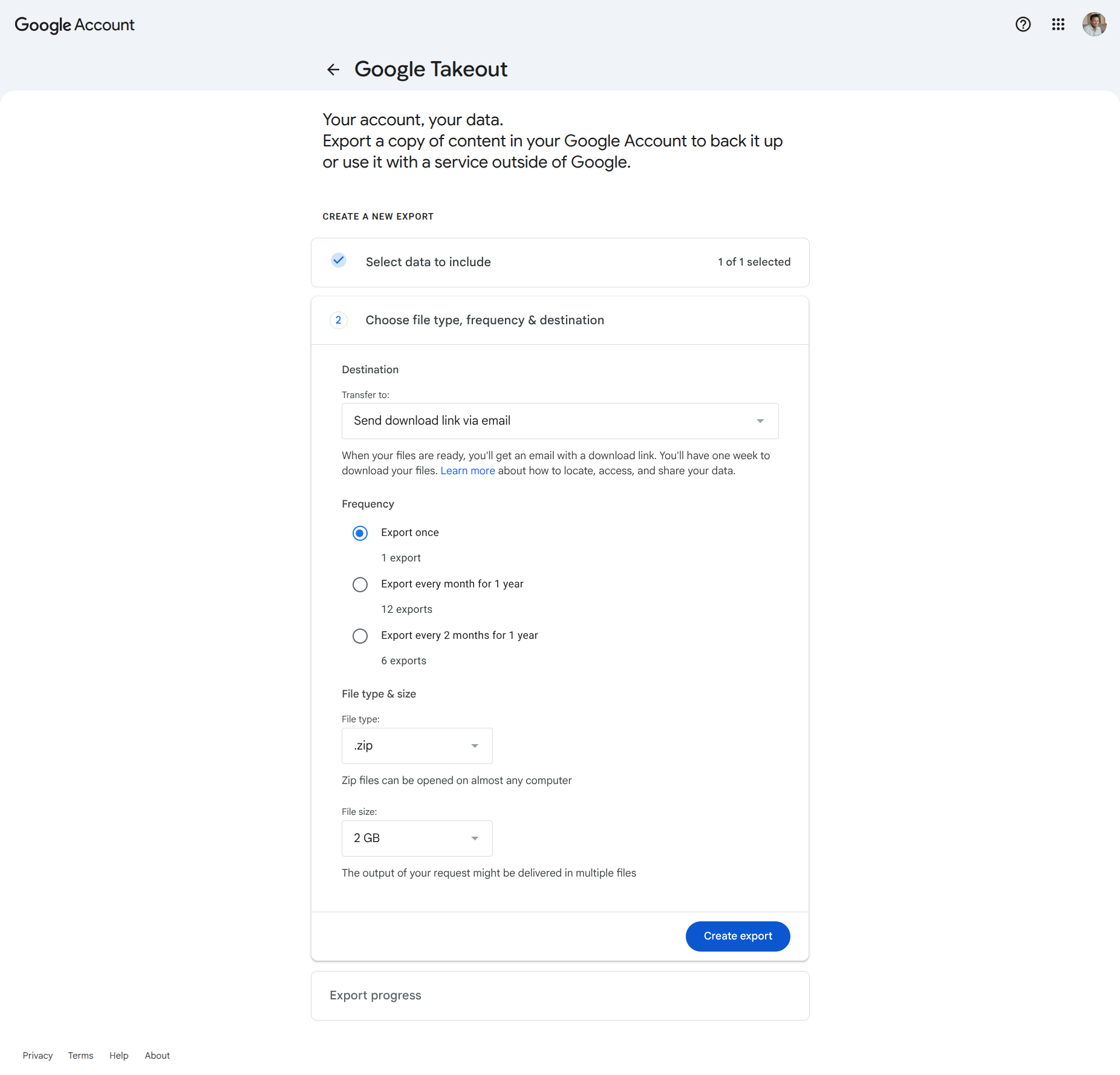 Google Takeout destination zip and Create export