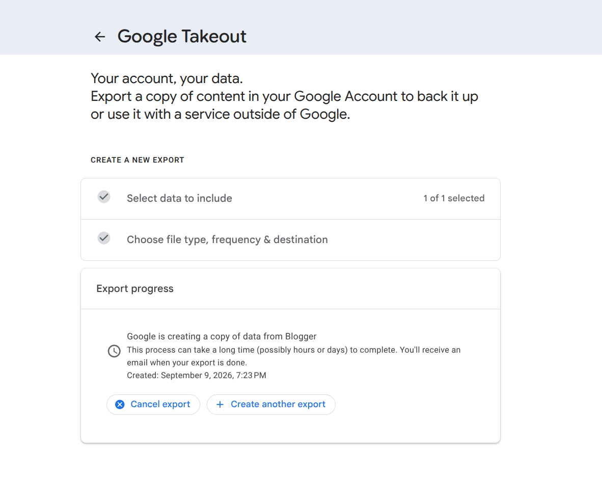 Google Takeout export progress waiting for email