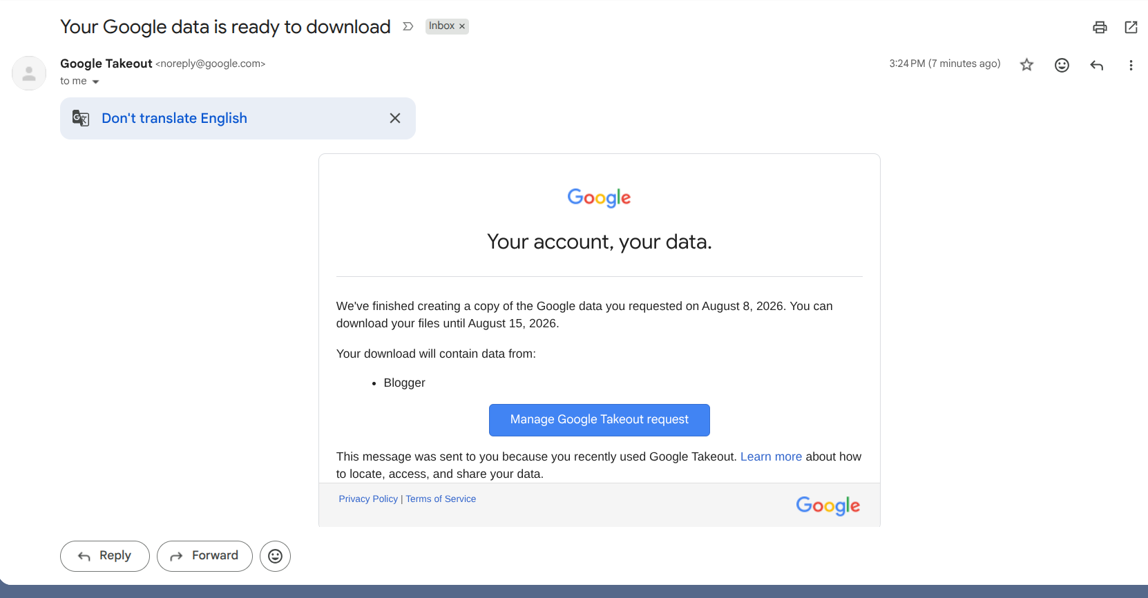 Email Your Google data is ready to download