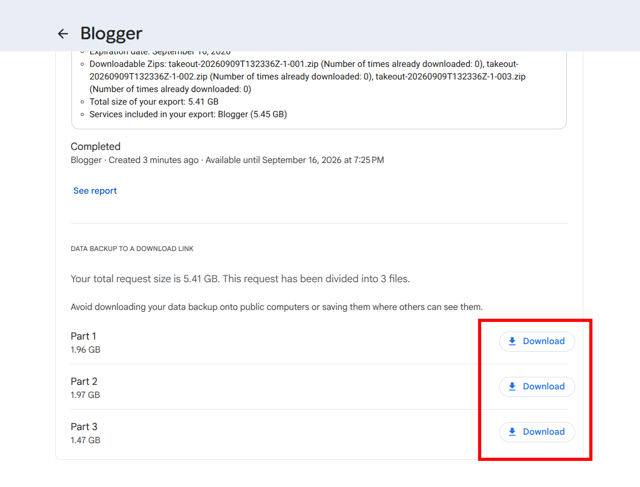 Google Takeout download zip parts