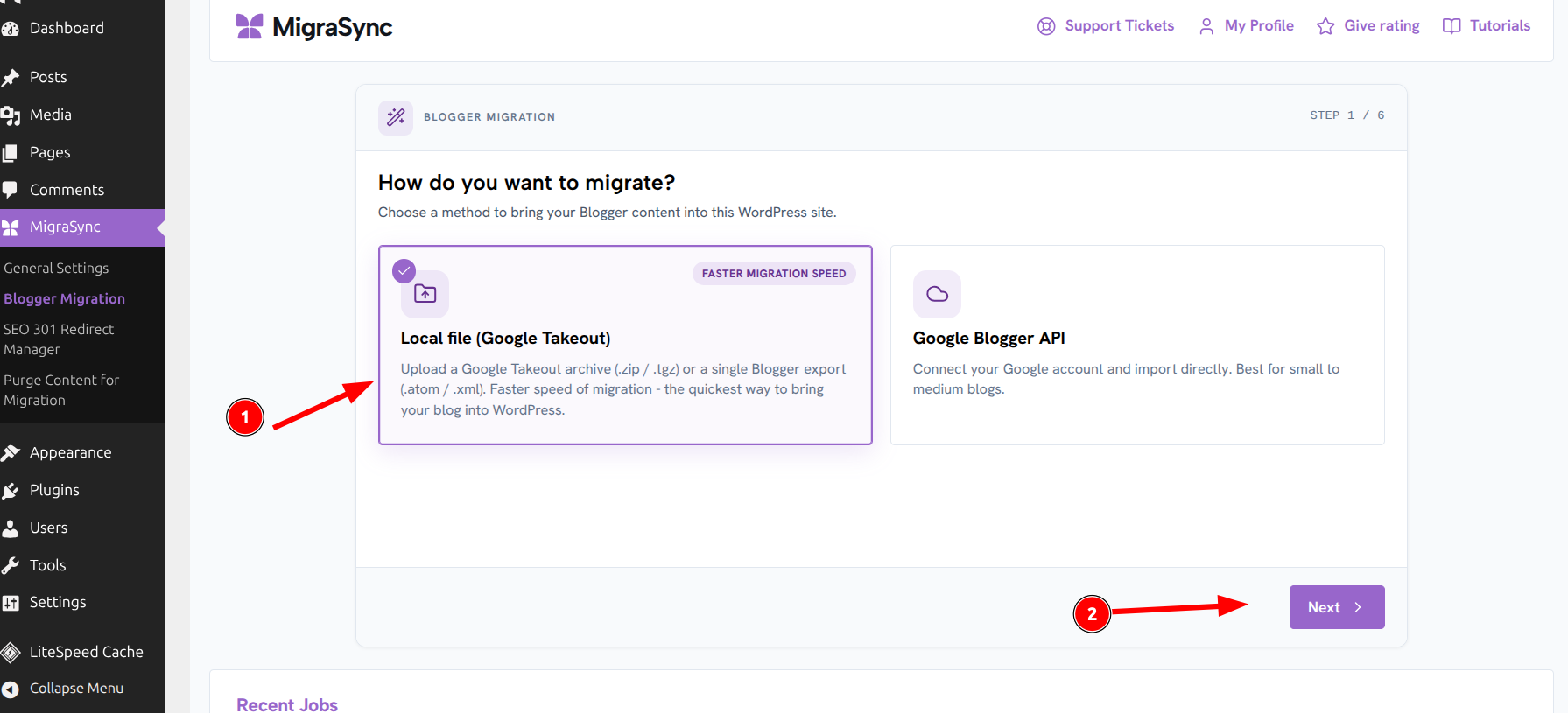 MigraSync choose Local file Google Takeout method