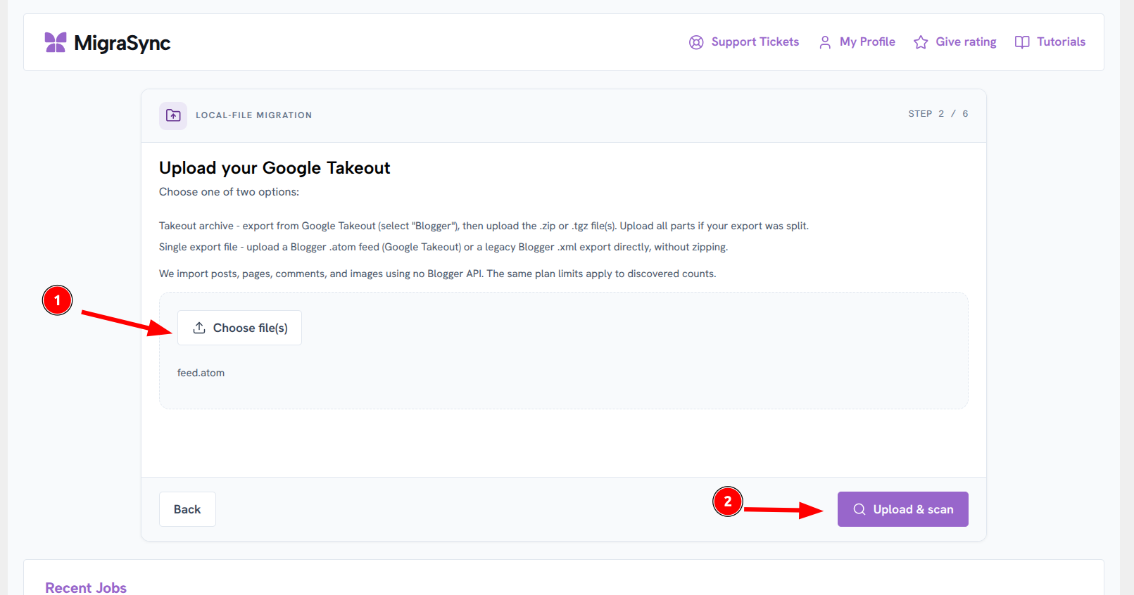 MigraSync choose atom file and Upload and scan